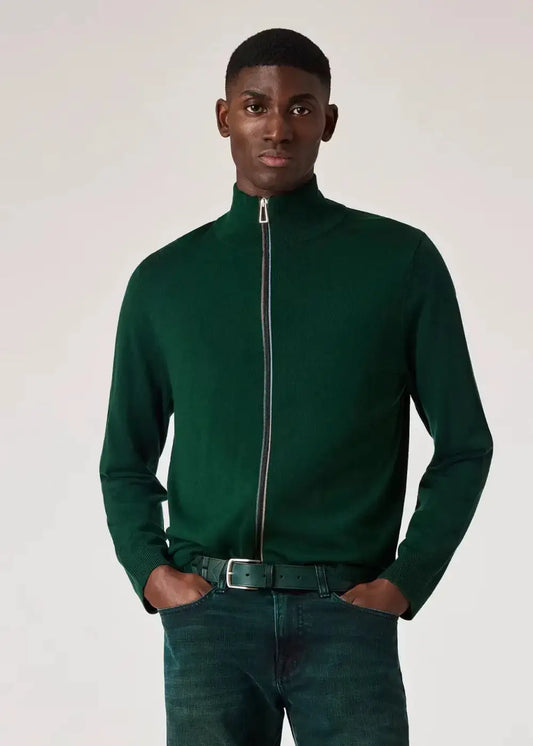 Green Merino Wool Zip Cardigan